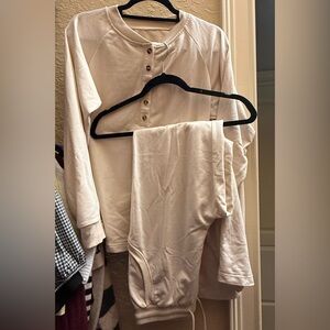 Women's Boutique- Cream Long Sleeve Henley and Pants Set